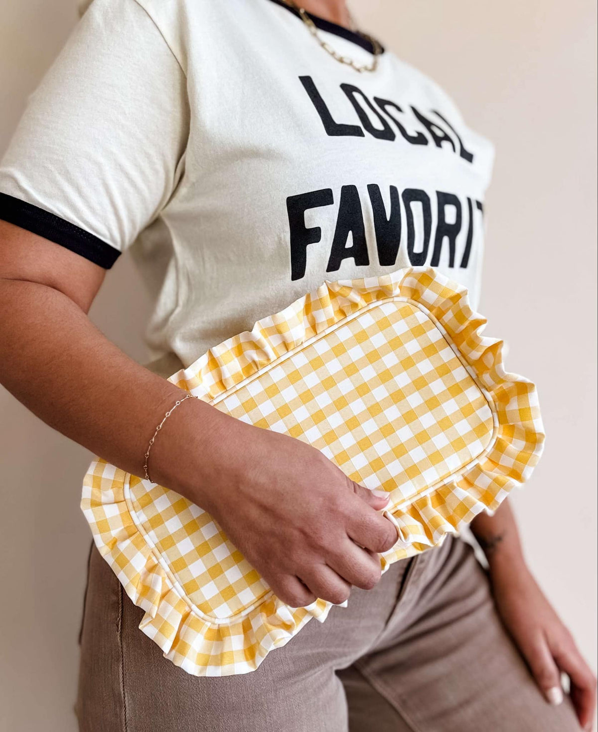 Gingham Ruffle Zipper Pouch Embroidery Friendly Cosmetic Bag