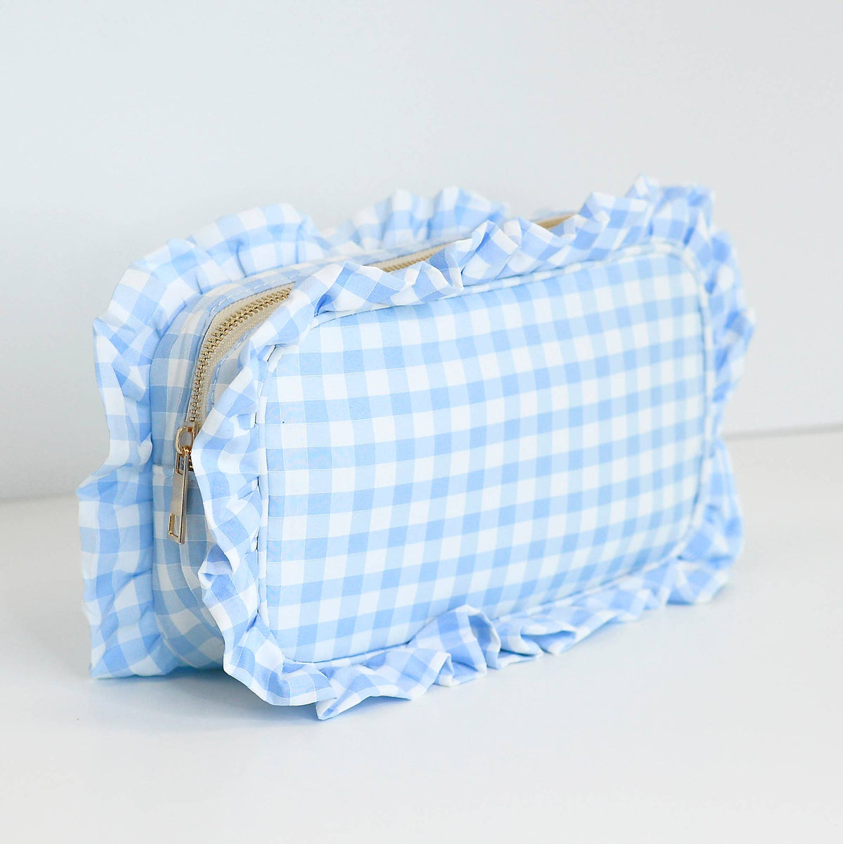 Gingham Ruffle Zipper Pouch Embroidery Friendly Cosmetic Bag