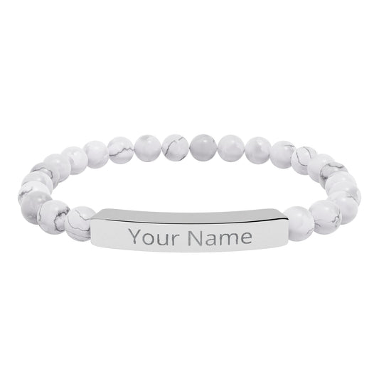 Personalized Natural Stone Beaded Bar Bracelet — Engraved Name Stretch Bracelet