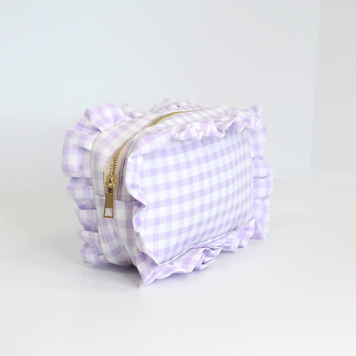 Gingham Ruffle Zipper Pouch Embroidery Friendly Cosmetic Bag
