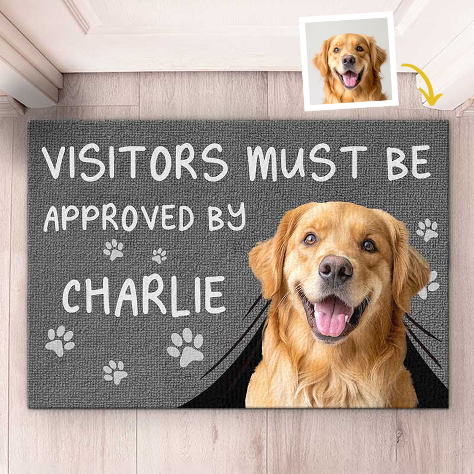 Personalized doormat with dog photo, text, and paw prints. Great housewarming gift.