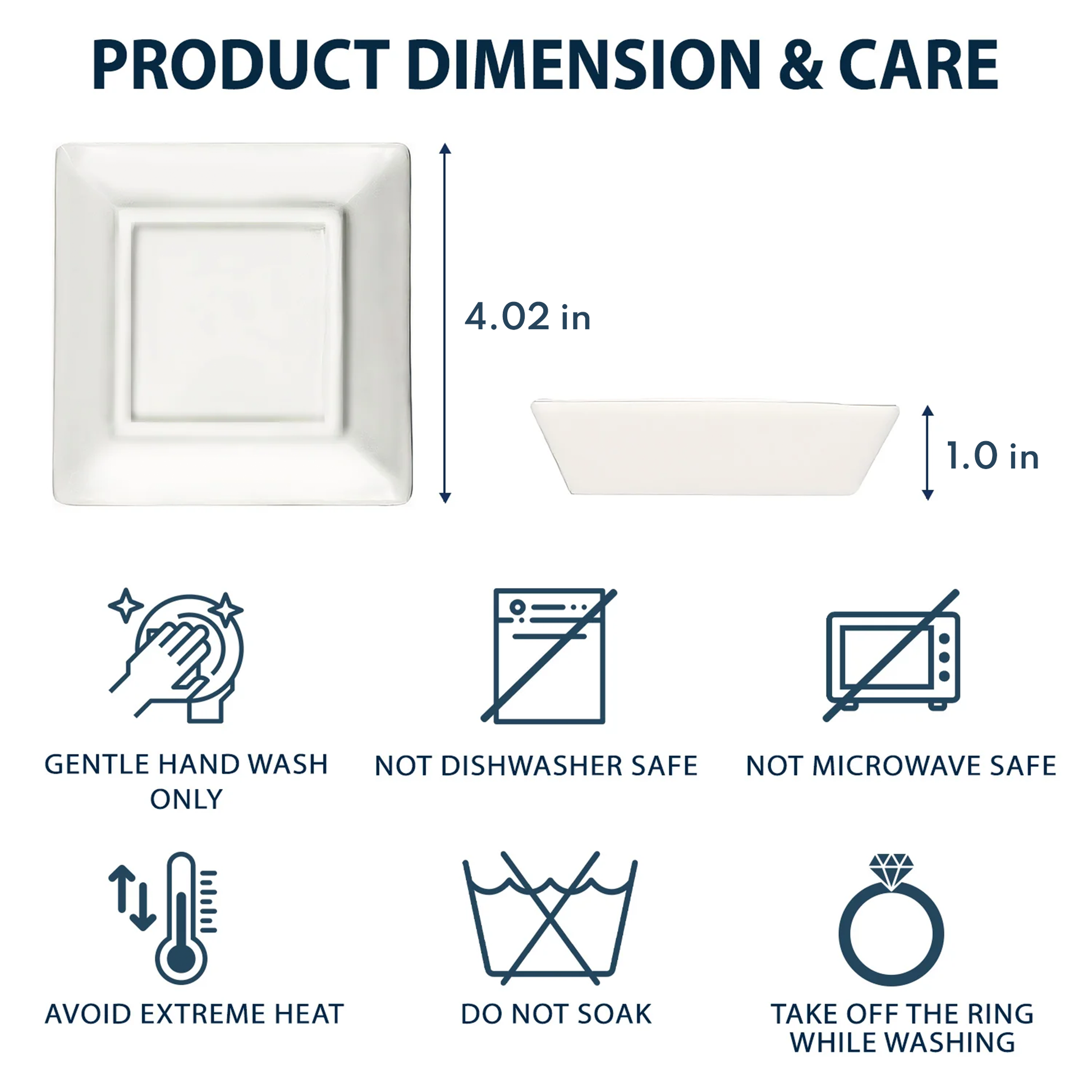 Ceramic jewelry dish dimensions and care instructions, hand wash only, not dishwasher safe.