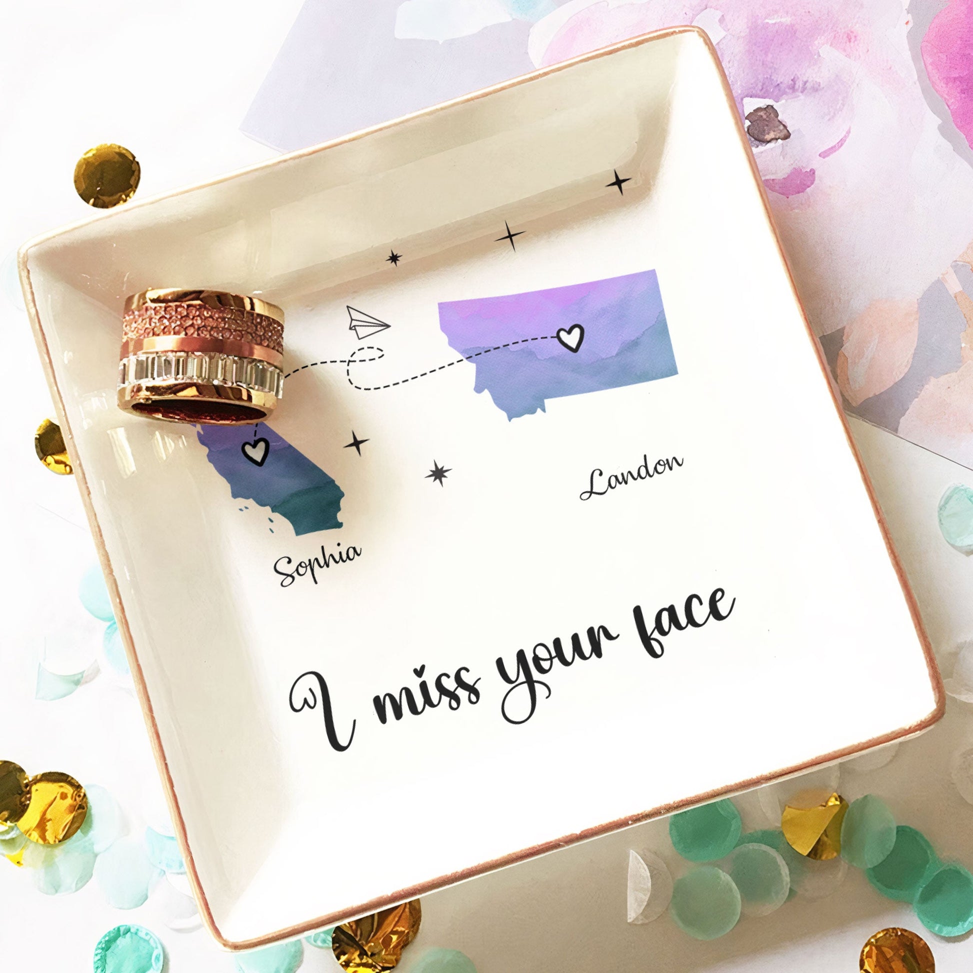 Personalized jewelry dish with "I miss your face" and two states design, a perfect long distance friendship gift.