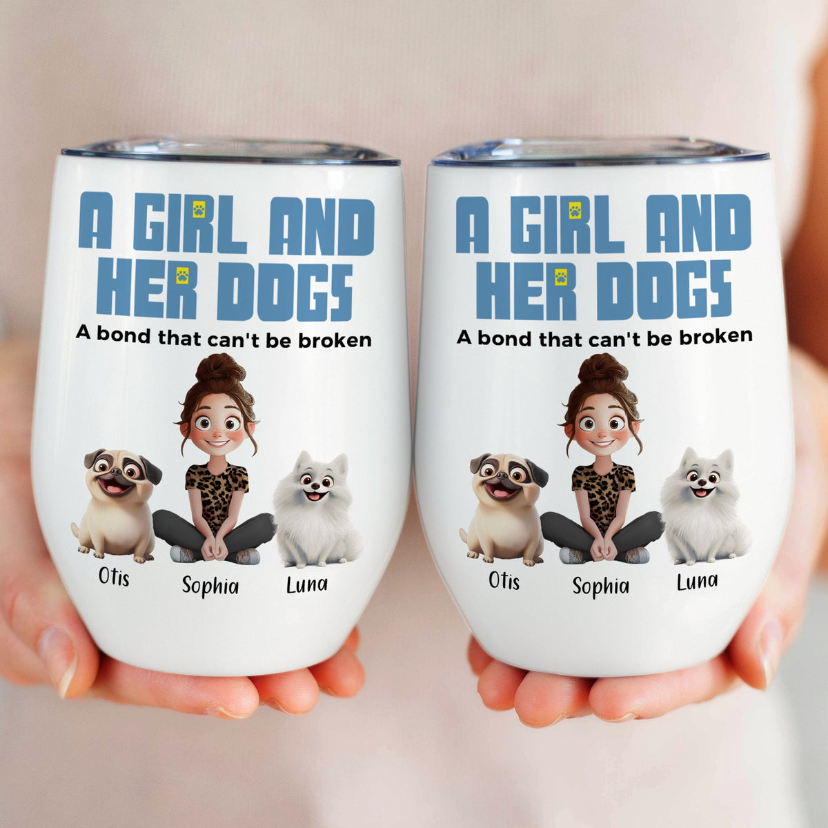 Custom wine tumbler for dog lovers, with girl & dogs cartoon design, perfect gift