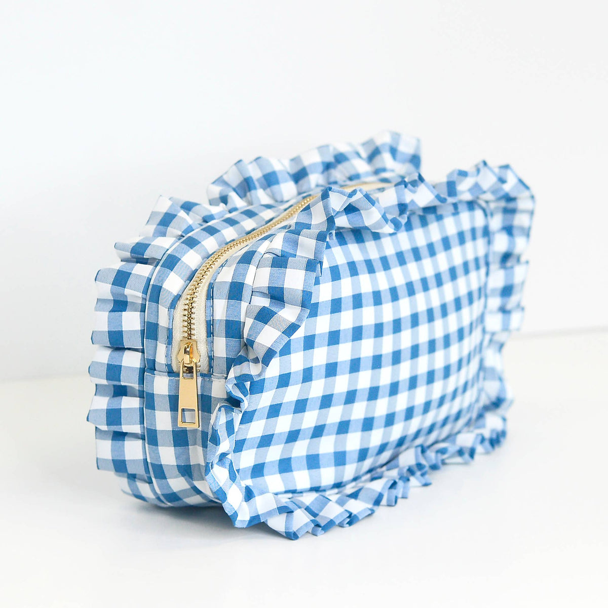 Gingham Ruffle Zipper Pouch Embroidery Friendly Cosmetic Bag