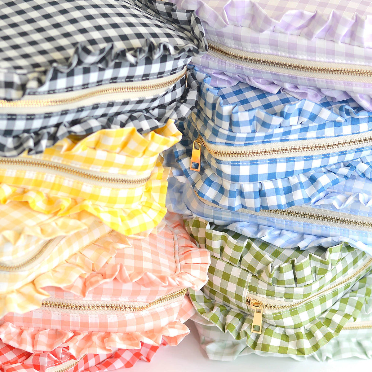 Gingham Ruffle Zipper Pouch Embroidery Friendly Cosmetic Bag