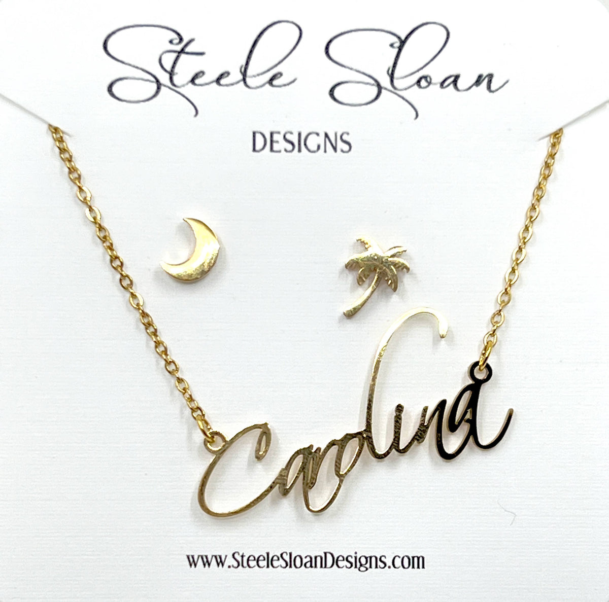 Carolina Name Necklace and Palmetto and Moon earrings