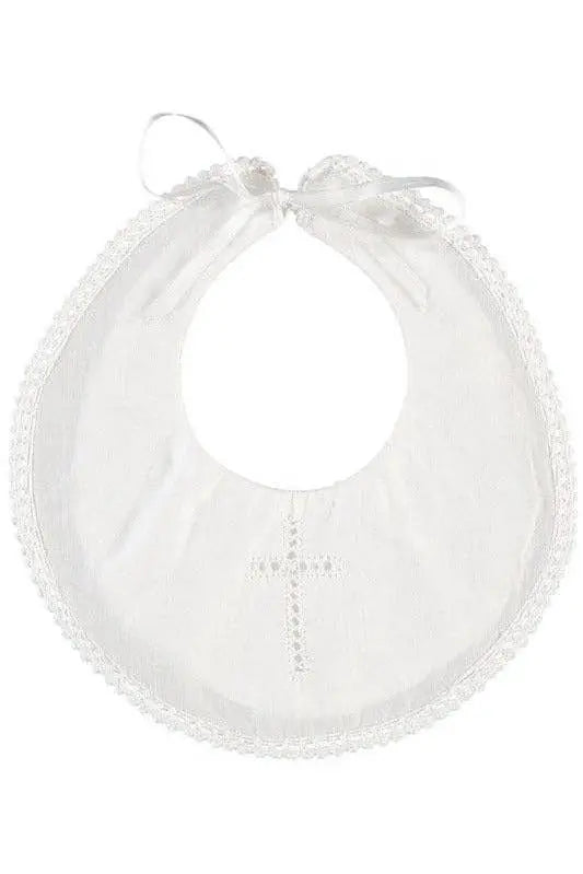Christening Baptism Bib with Hand Embroidered Cross and Satin Ribbon Great Gift One Size Julius Berger & Carriage Boutique An Initial Impression