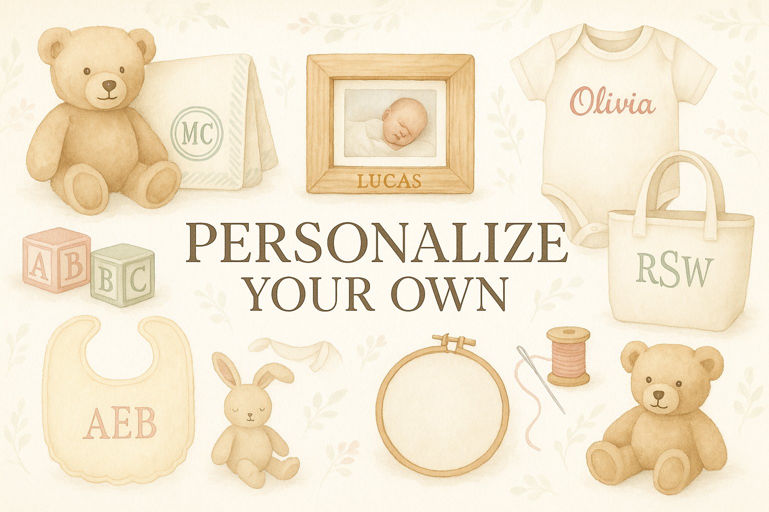 Showcases customization elements like photo frames and monogram letters with a sophisticated personalization theme