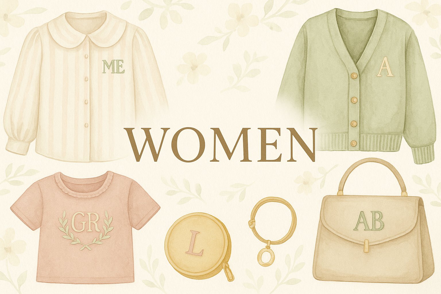 Elegant women's clothing with monogrammed blouses and feminine accessories