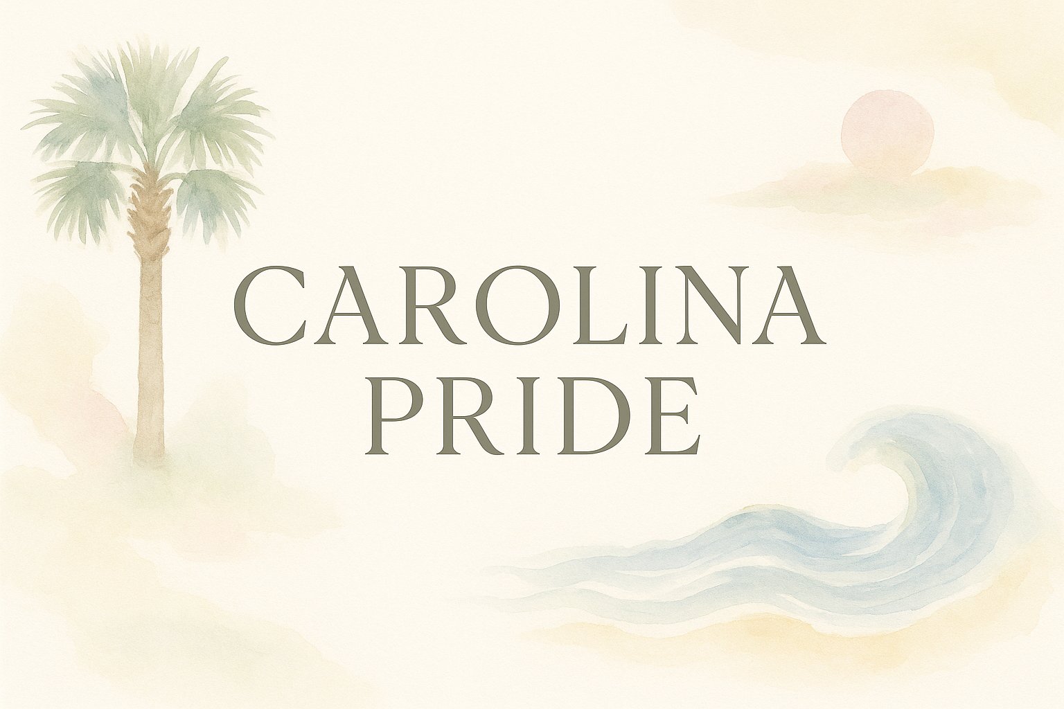 Features elegant South Carolina elements like palmetto trees and coastal waves in soft watercolor style