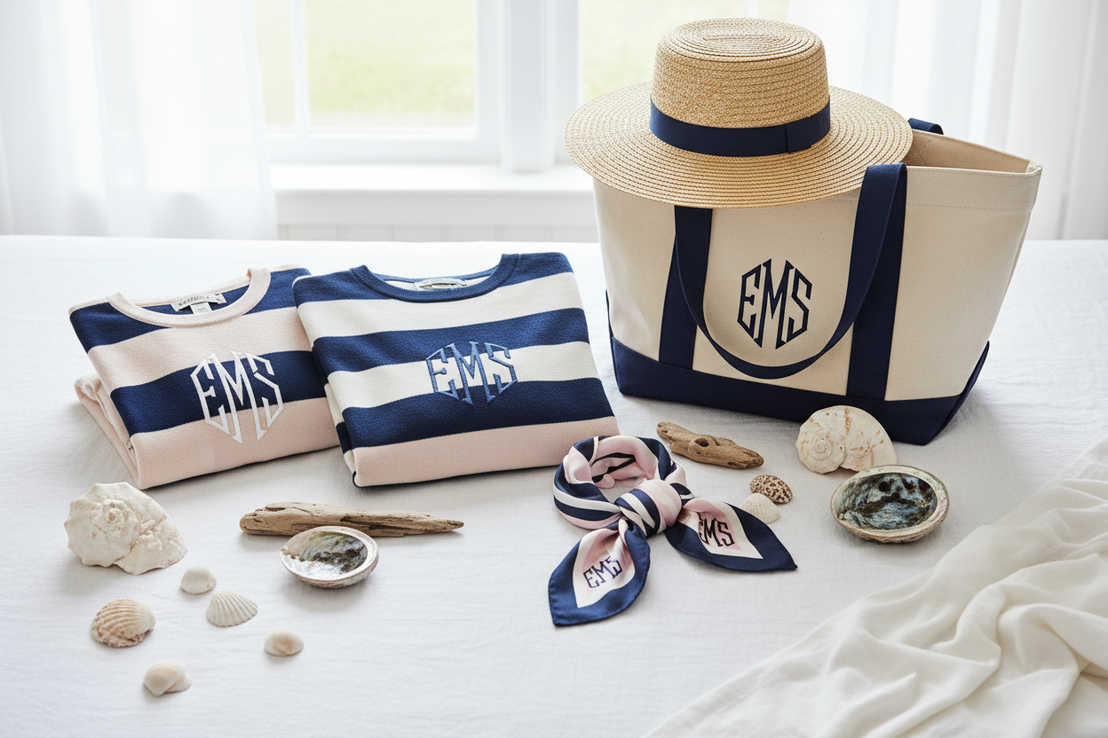 Elegant women's clothing with monogrammed blouses and feminine accessories