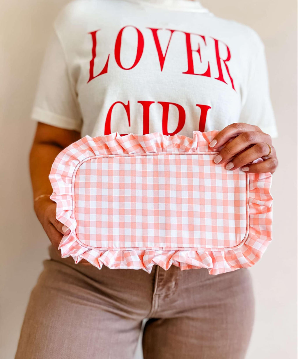 Gingham Ruffle Zipper Pouch Embroidery Friendly Cosmetic Bag