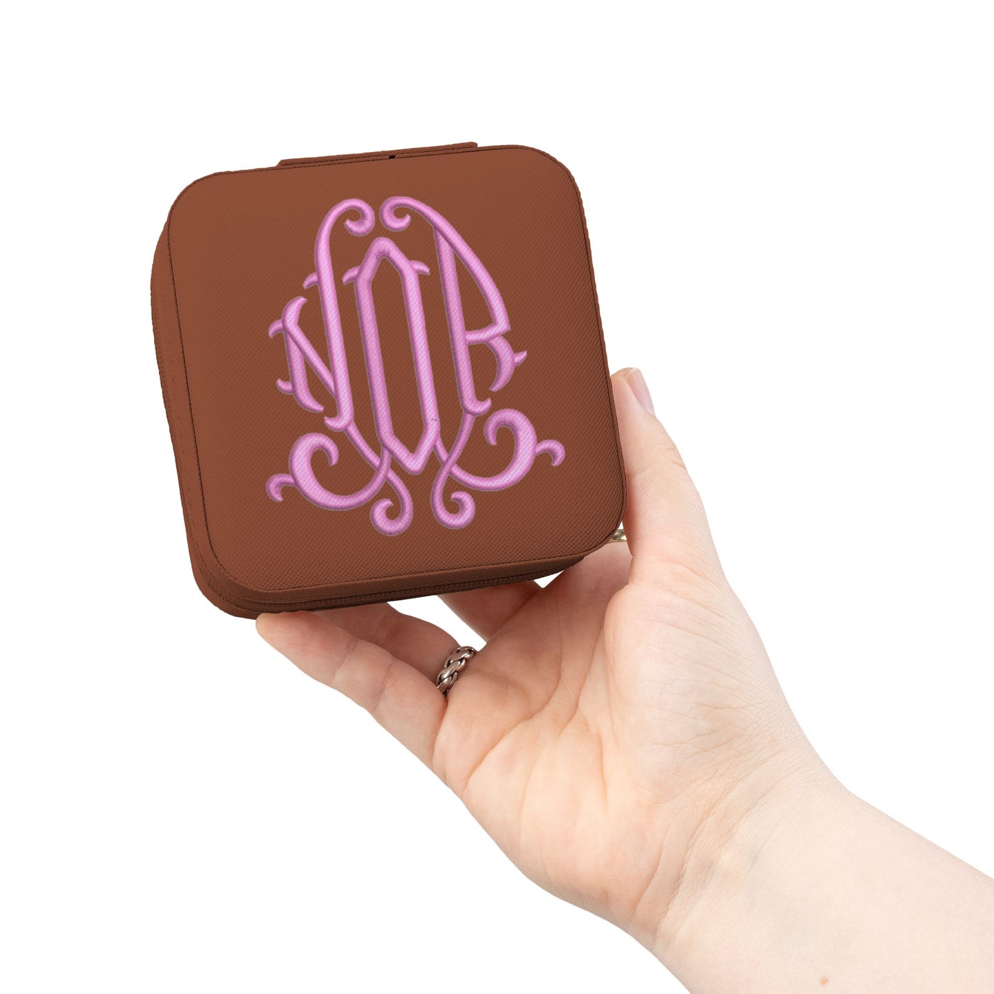 Monogrammed Pink Jewelry Travel Case – Compact Organizer for Rings, Earrings & Necklaces