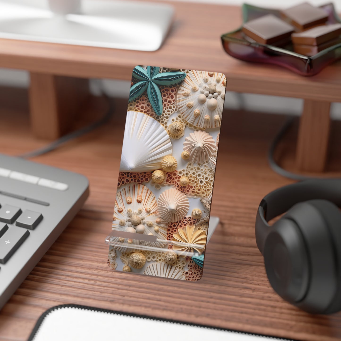 Stylish Mobile Display Stand, Phone Holder, Beach-Inspired Decor, Seashell Pattern, Desk Accessory, Gift for Beach Lovers