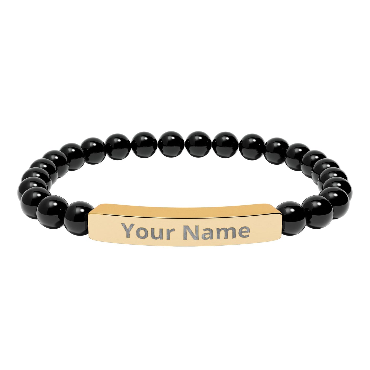 Personalized Natural Stone Beaded Bar Bracelet — Engraved Name Stretch Bracelet