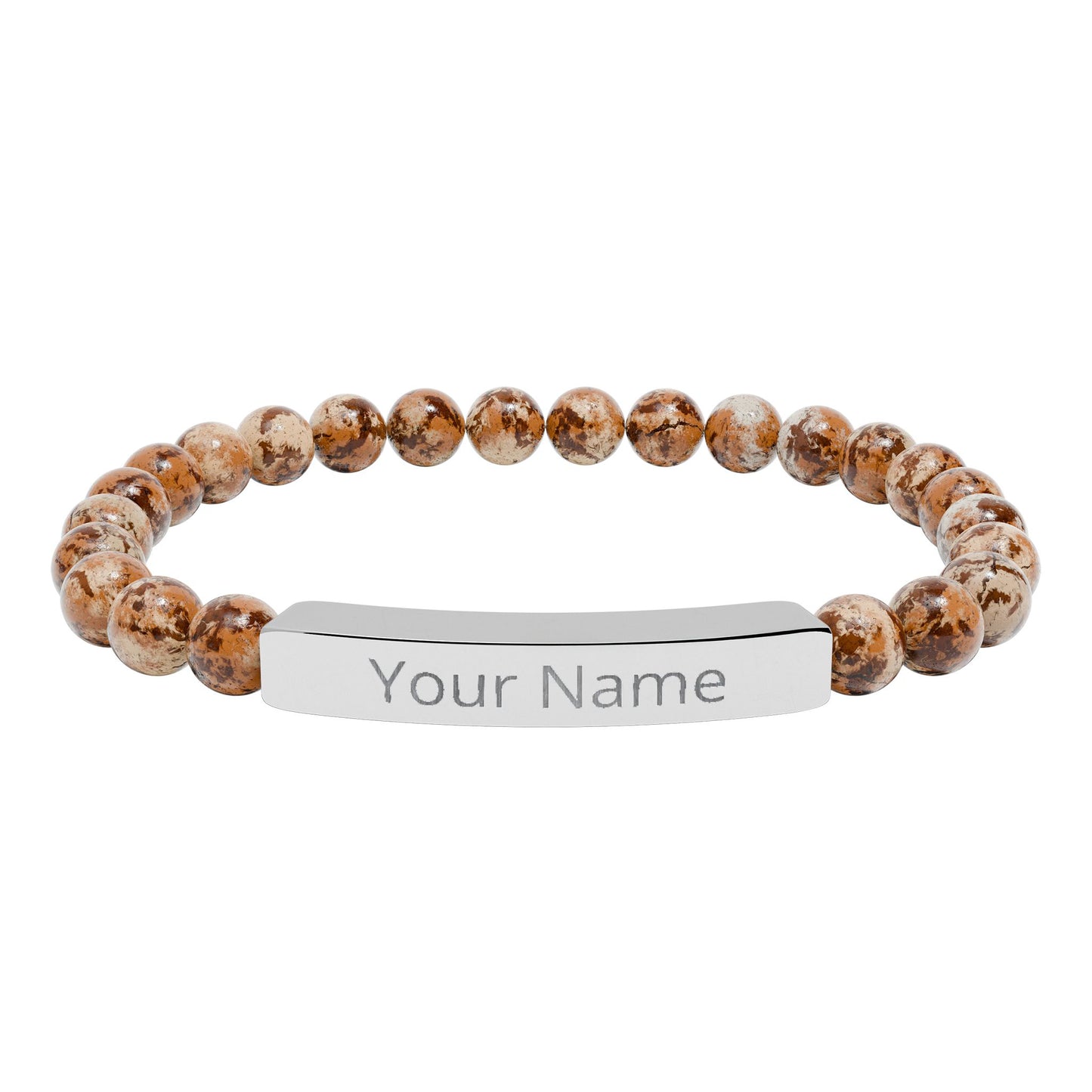 Personalized Natural Stone Beaded Bar Bracelet — Engraved Name Stretch Bracelet