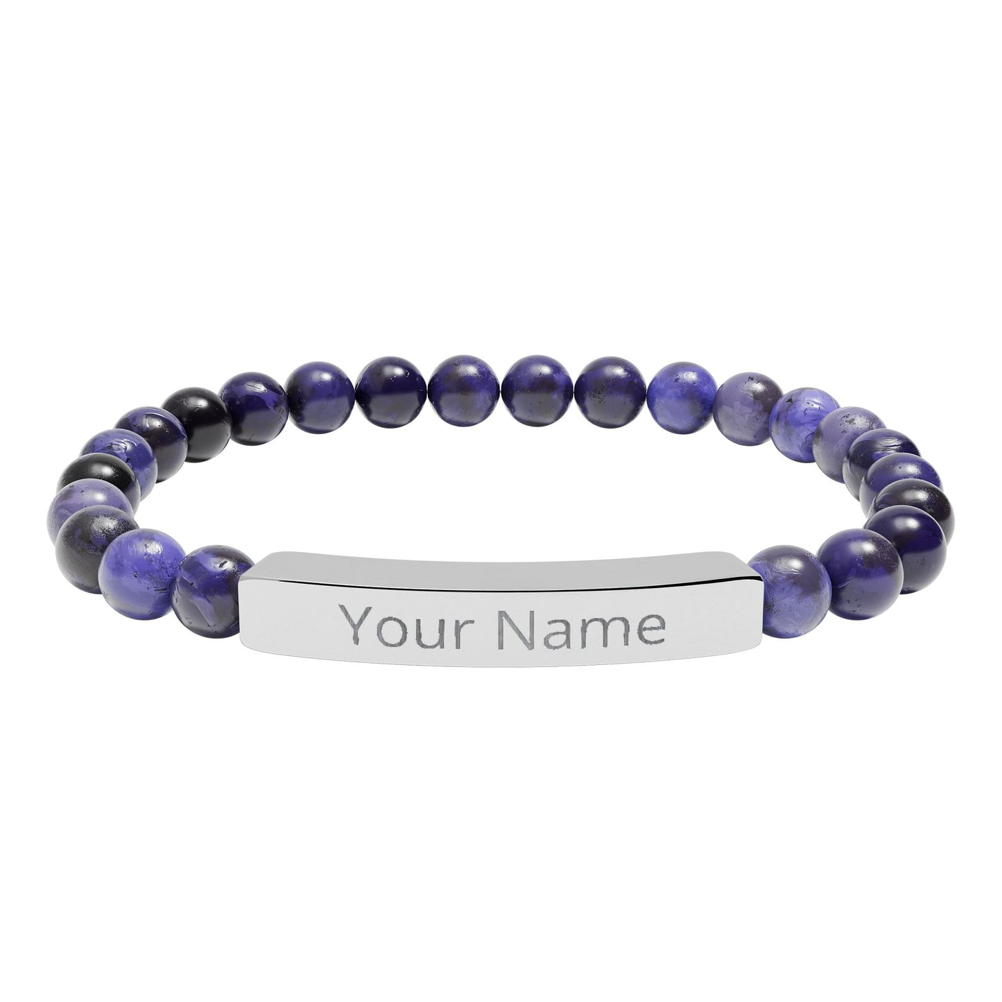 Personalized Natural Stone Beaded Bar Bracelet — Engraved Name Stretch Bracelet