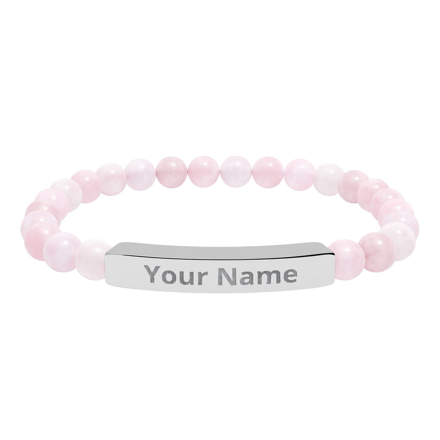 Personalized Natural Stone Beaded Bar Bracelet — Engraved Name Stretch Bracelet