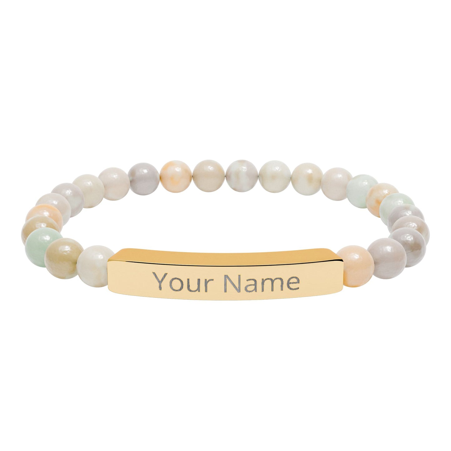 Personalized Natural Stone Beaded Bar Bracelet — Engraved Name Stretch Bracelet