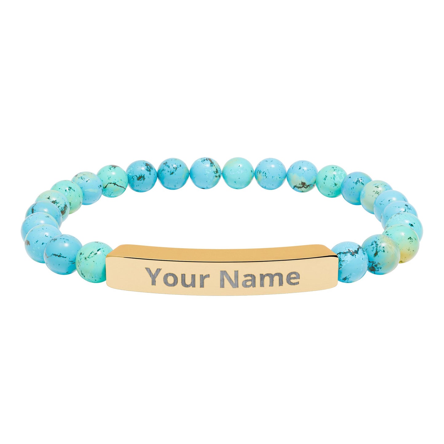 Personalized Natural Stone Beaded Bar Bracelet — Engraved Name Stretch Bracelet