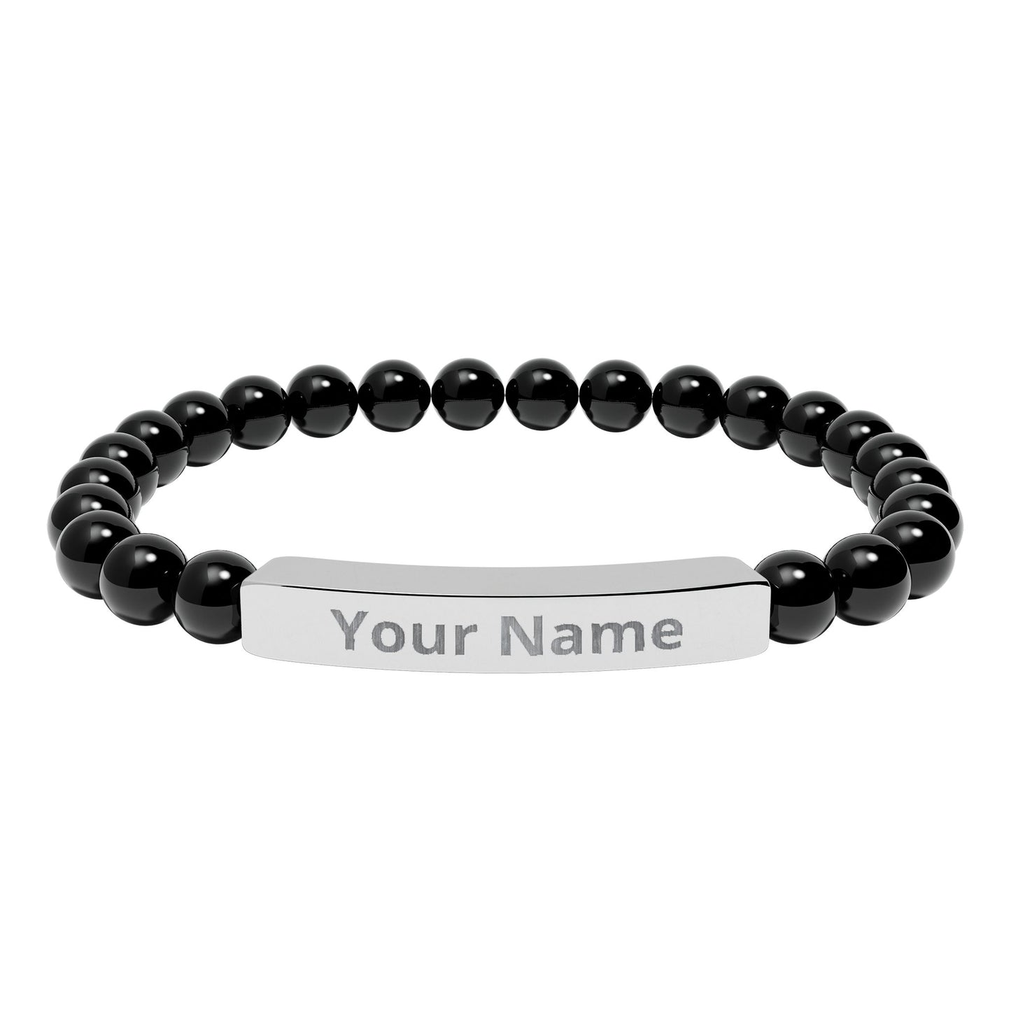 Personalized Natural Stone Beaded Bar Bracelet — Engraved Name Stretch Bracelet