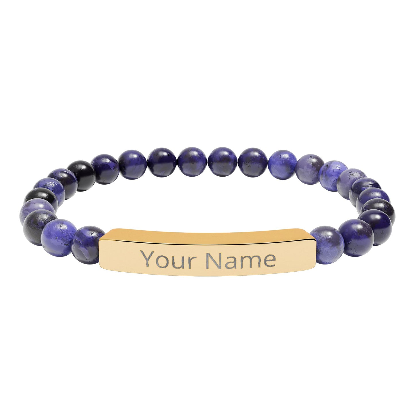 Personalized Natural Stone Beaded Bar Bracelet — Engraved Name Stretch Bracelet