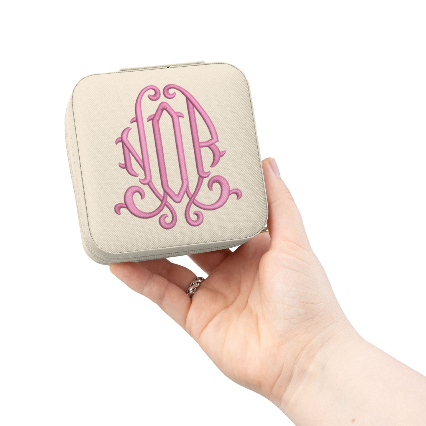 Monogrammed Pink Jewelry Travel Case – Compact Organizer for Rings, Earrings & Necklaces