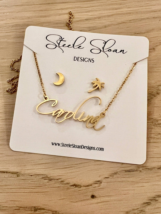 Carolina Name Necklace and Palmetto and Moon earrings