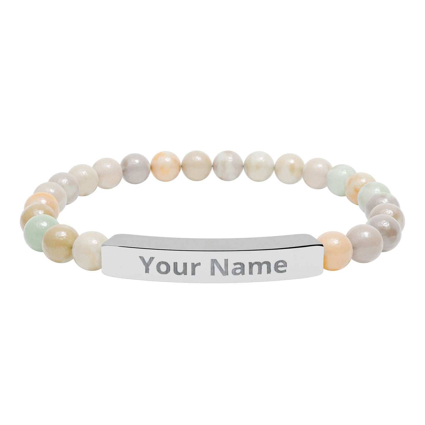 Personalized Natural Stone Beaded Bar Bracelet — Engraved Name Stretch Bracelet