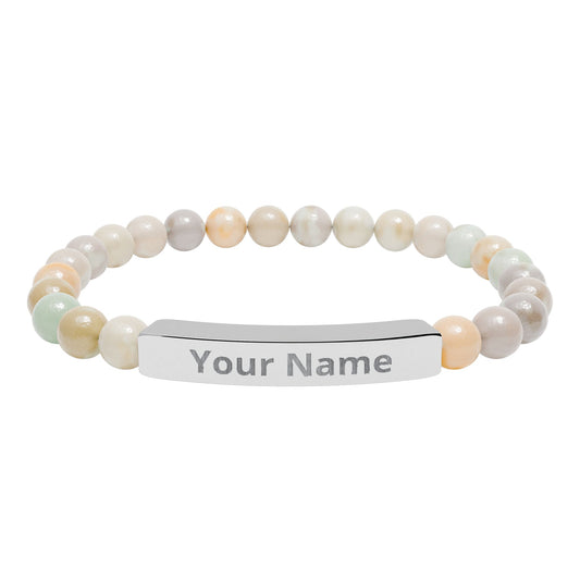 Personalized Natural Stone Beaded Bar Bracelet — Engraved Name Stretch Bracelet