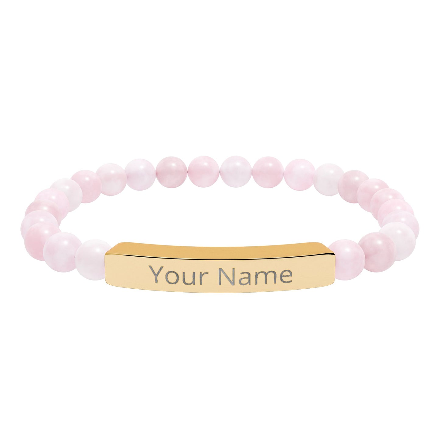 Personalized Natural Stone Beaded Bar Bracelet — Engraved Name Stretch Bracelet
