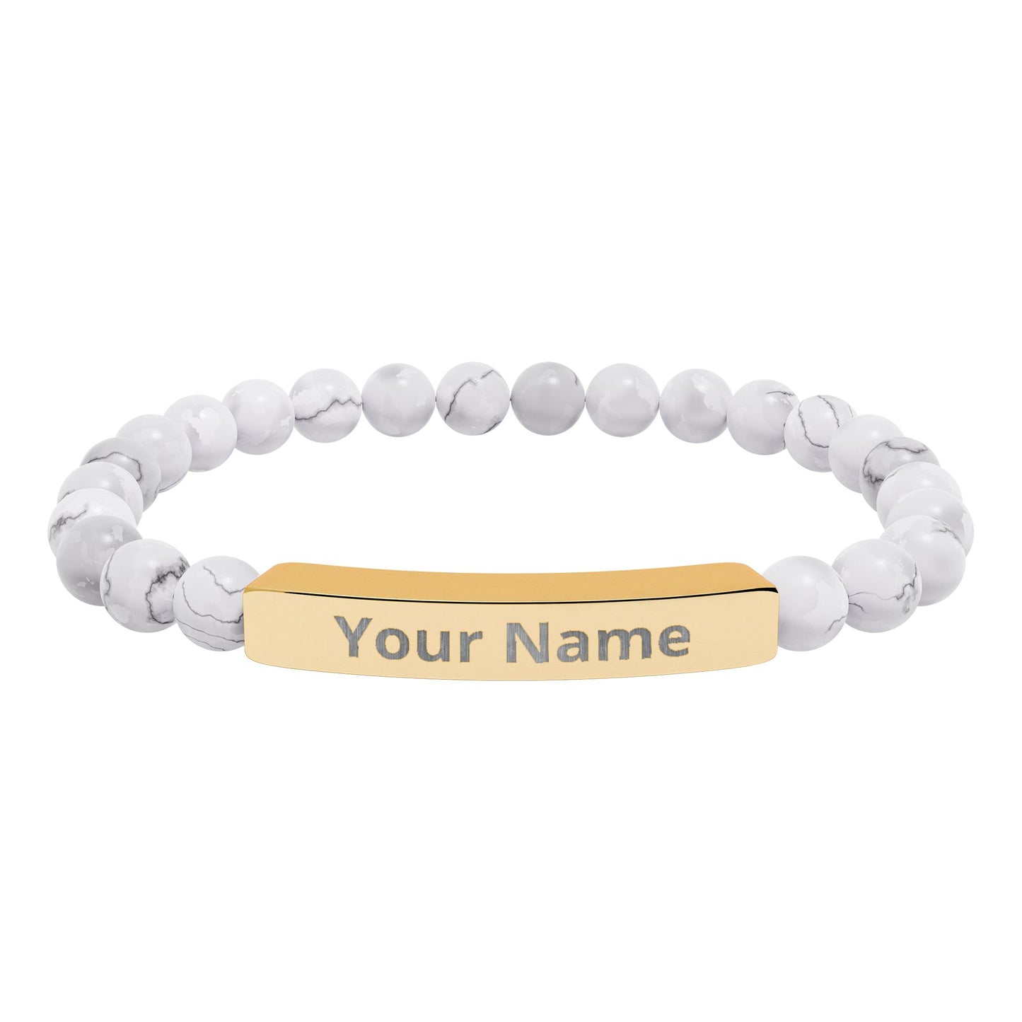 Personalized Natural Stone Beaded Bar Bracelet — Engraved Name Stretch Bracelet