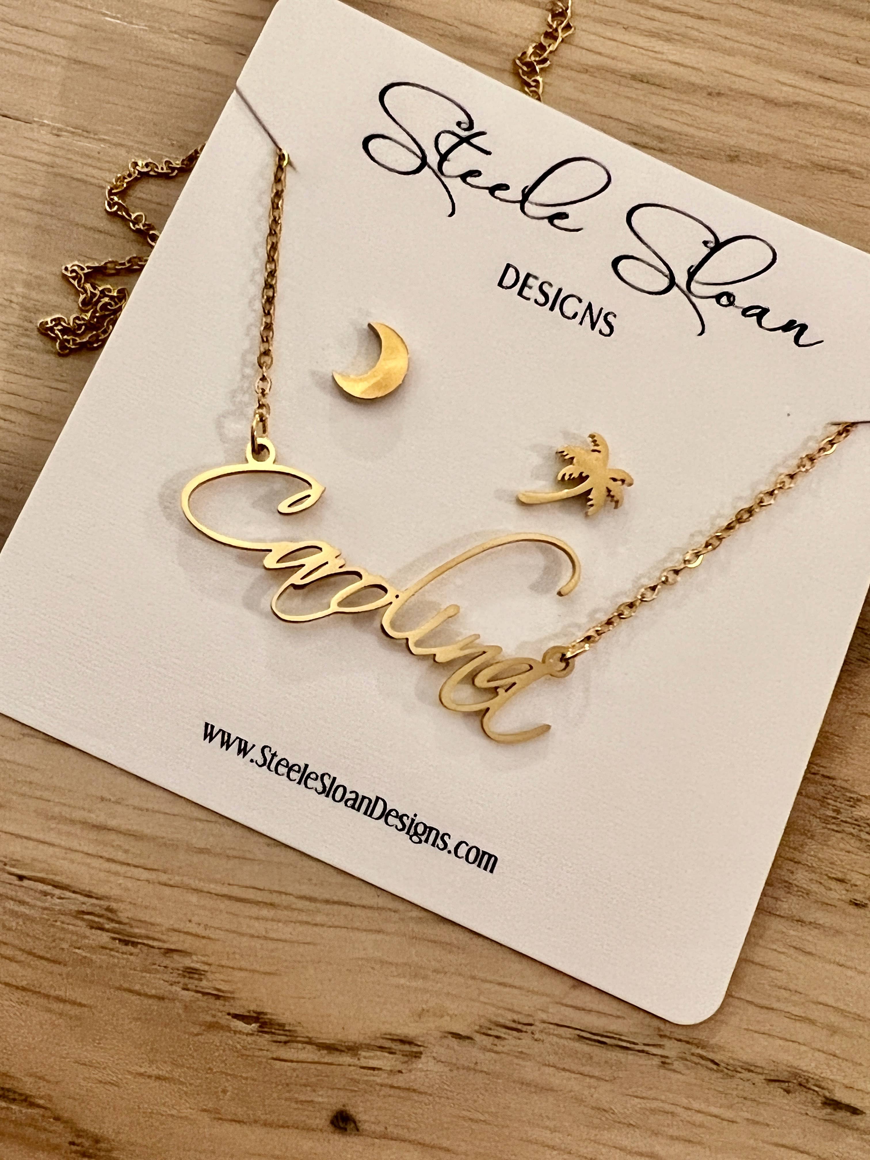 Carolina Name Necklace and Palmetto and Moon earrings
