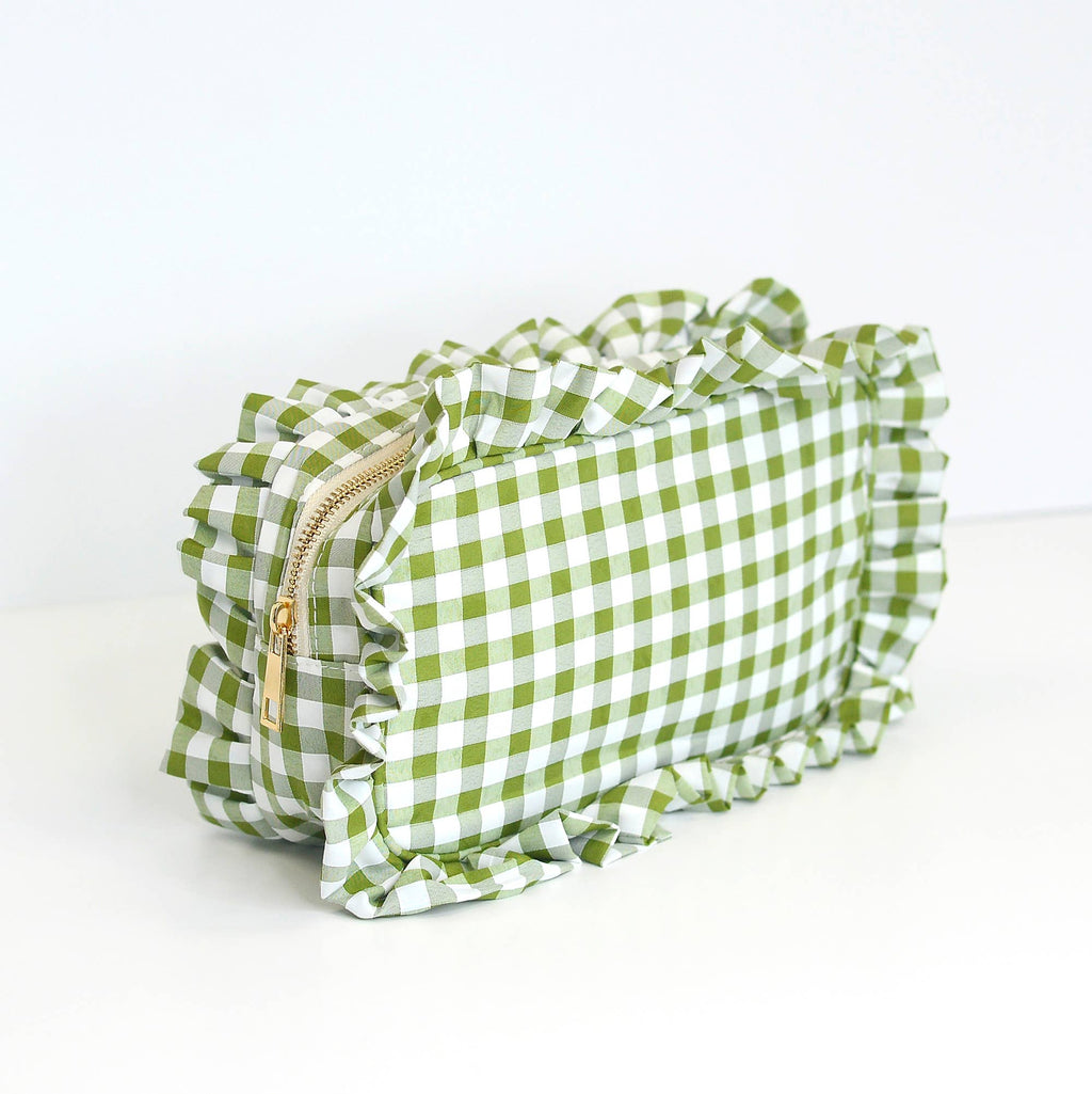 Gingham Ruffle Zipper Pouch Embroidery Friendly Cosmetic Bag