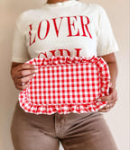 Gingham Ruffle Zipper Pouch Embroidery Friendly Cosmetic Bag