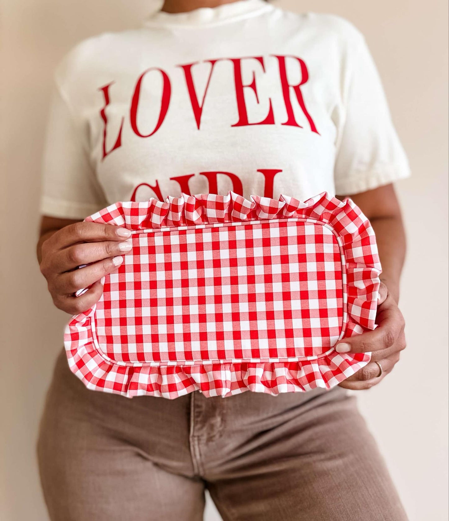 Gingham Ruffle Zipper Pouch Embroidery Friendly Cosmetic Bag