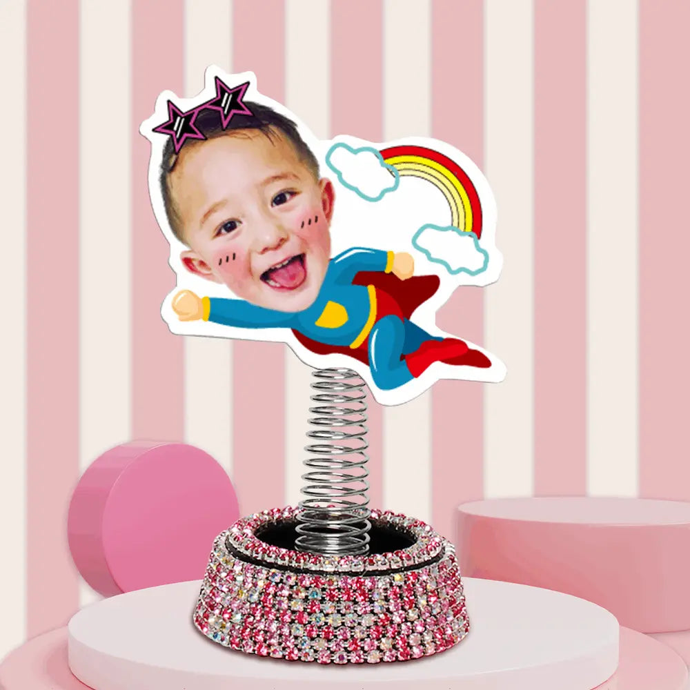 Custom Creative Photo Shaking Head Spring Car Decor Pink Rhinestone Base