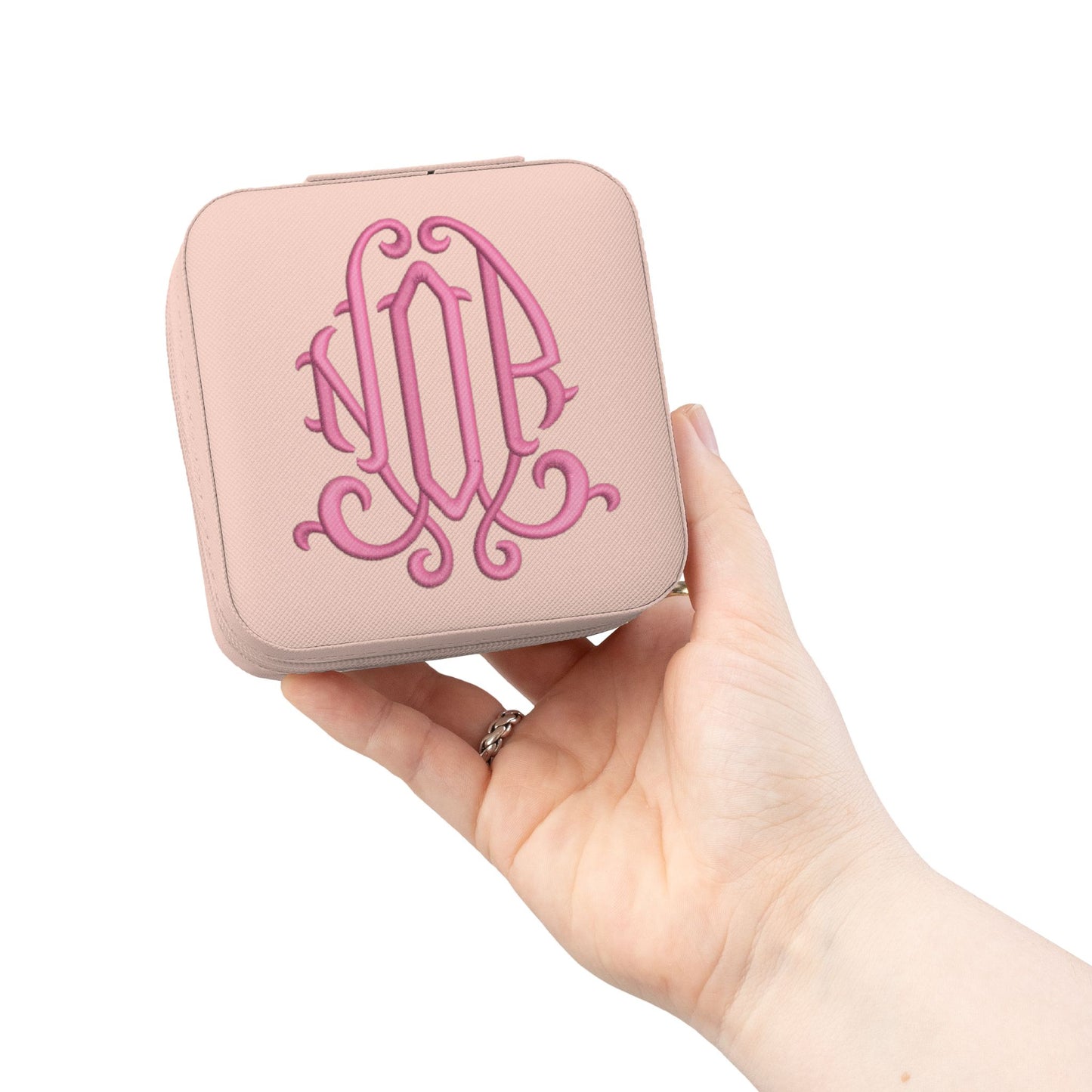 Monogrammed Pink Jewelry Travel Case – Compact Organizer for Rings, Earrings & Necklaces