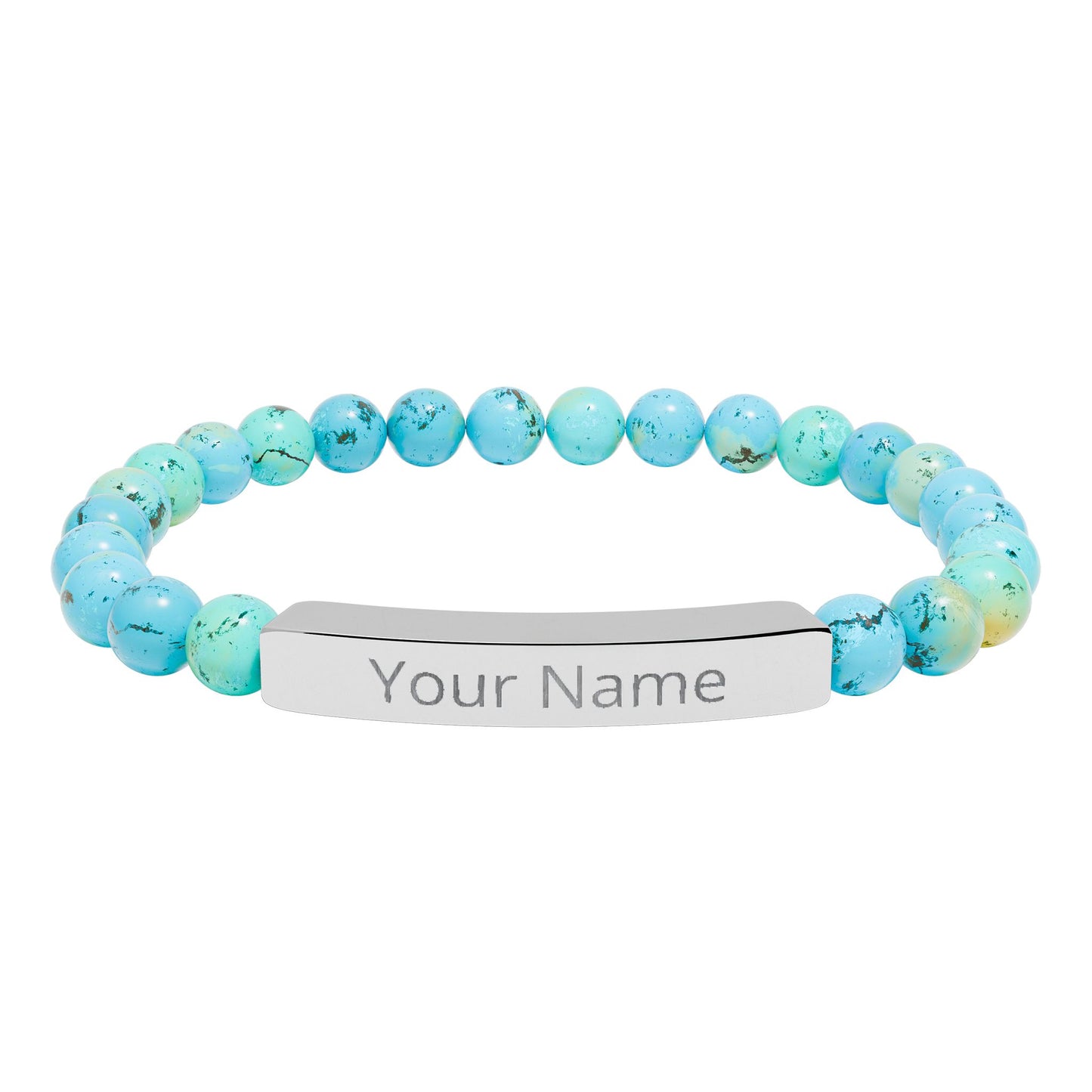 Personalized Natural Stone Beaded Bar Bracelet — Engraved Name Stretch Bracelet