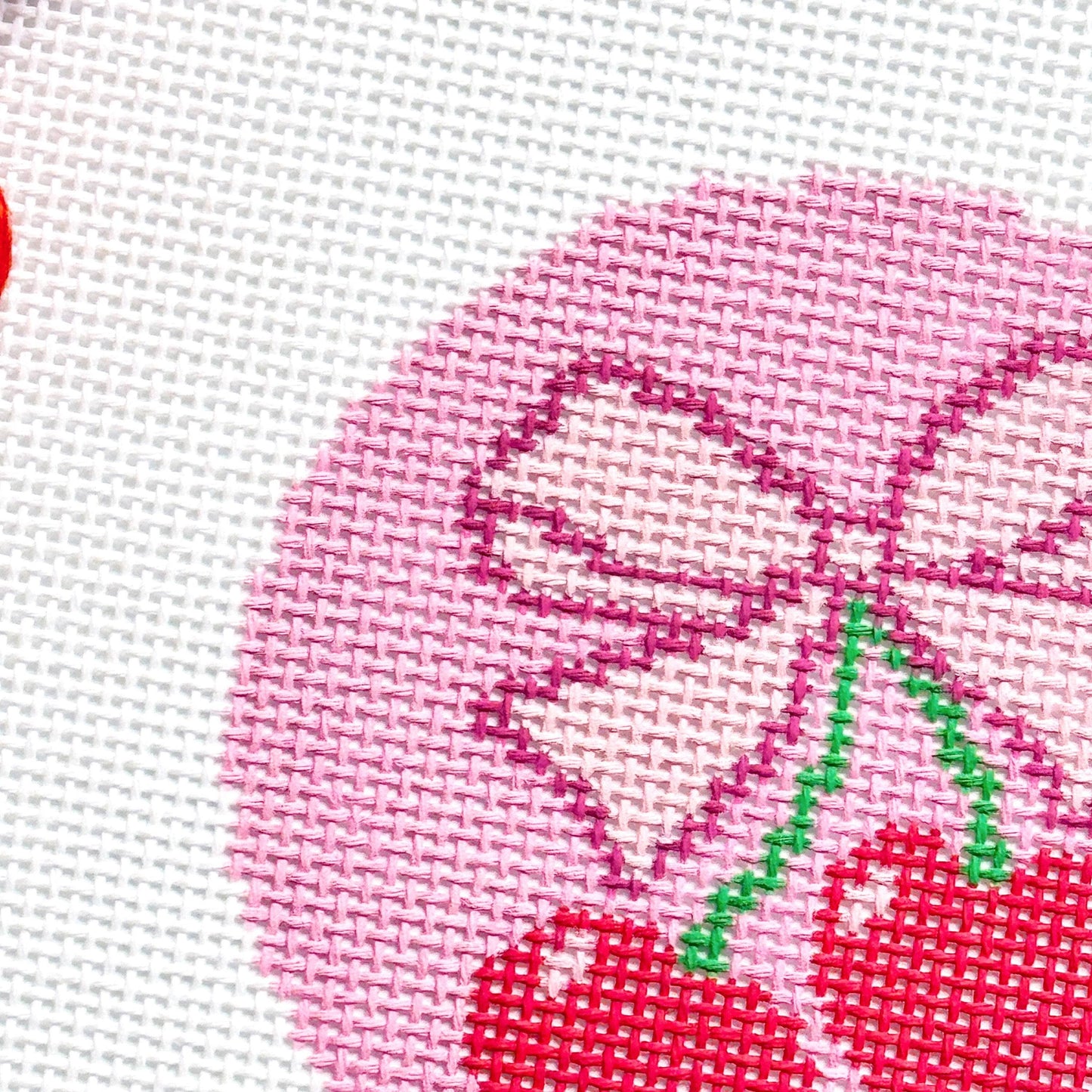 Cherry Bow Needlepoint Canvas, 13 Mesh Cherry Needlepoint, Beginner Needlepoint Round, Needlepoint Ornament, Needlepoint Coquette