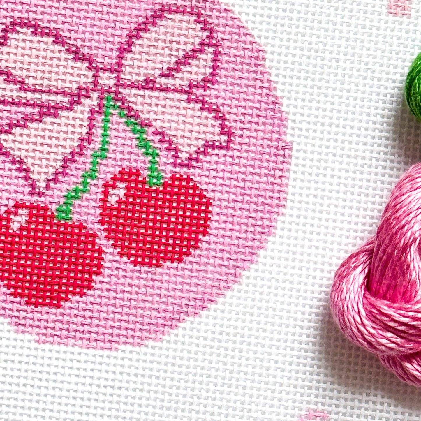 Cherry Bow Needlepoint Canvas, 13 Mesh Cherry Needlepoint, Beginner Needlepoint Round, Needlepoint Ornament, Needlepoint Coquette