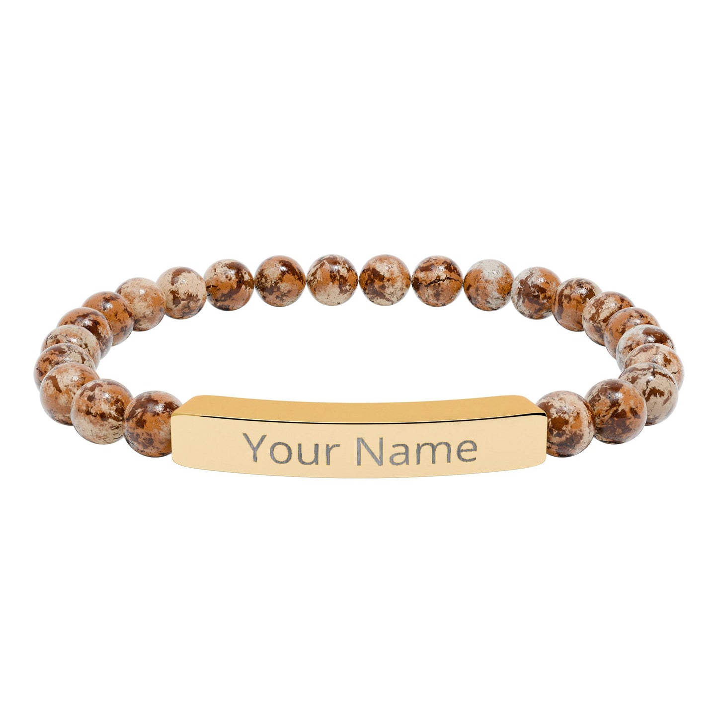Personalized Natural Stone Beaded Bar Bracelet — Engraved Name Stretch Bracelet