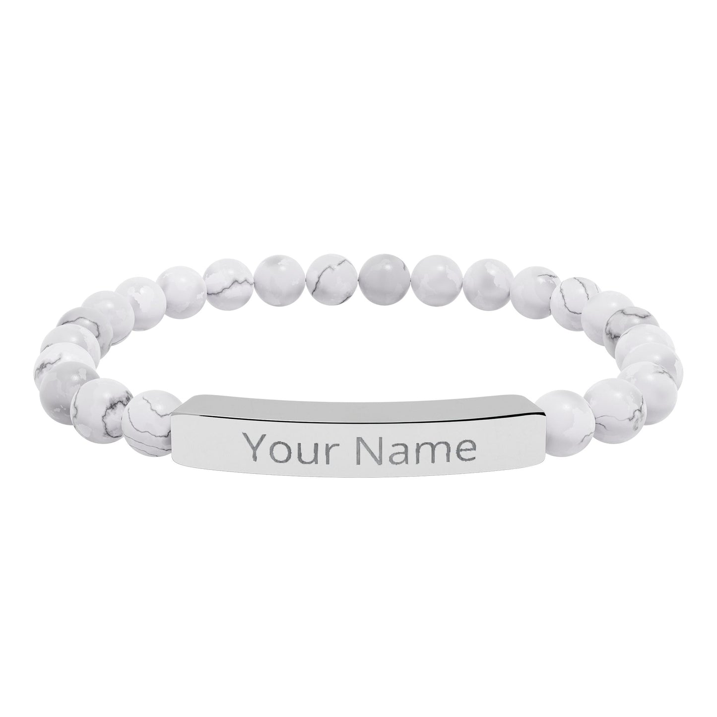 Personalized Natural Stone Beaded Bar Bracelet — Engraved Name Stretch Bracelet