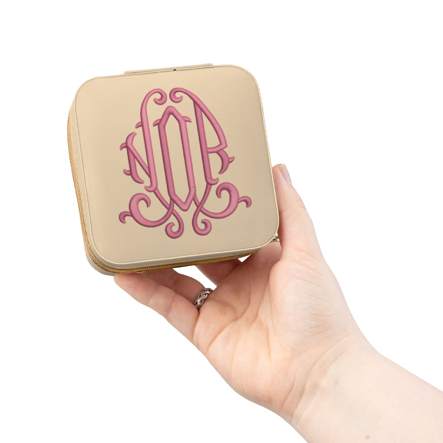 Monogrammed Pink Jewelry Travel Case – Compact Organizer for Rings, Earrings & Necklaces