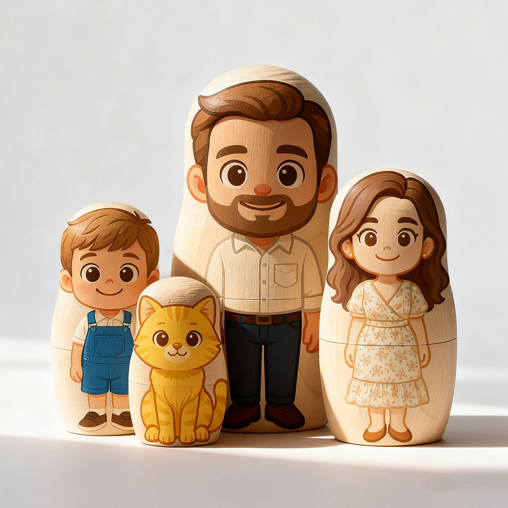 5 Working Days Production Personalized Family Portrait Nesting Doll with Box Custom Photo into Cartoon Style Preview Christmas Gift