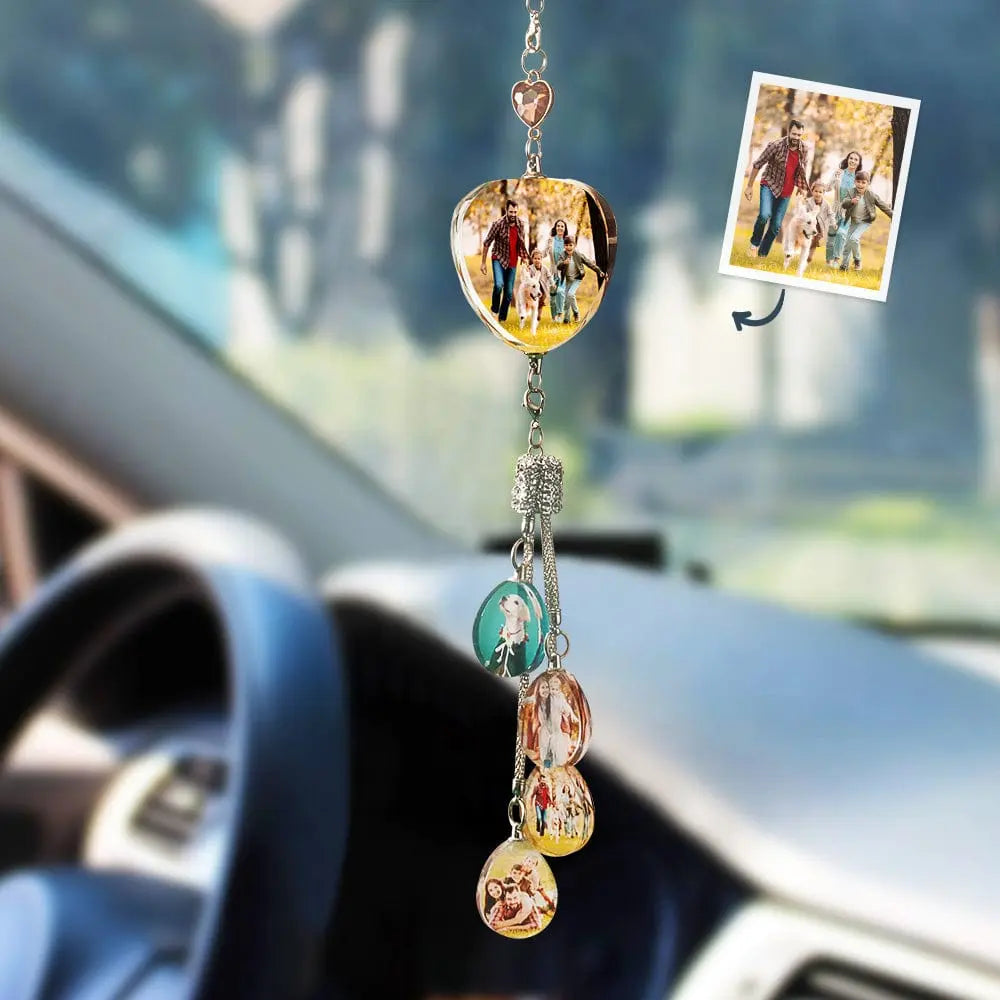 Personalized Photo Crystal Charm Heart Shaped Rearview Mirror Pendant Gift For Him - An Initial Impression
