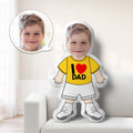 Custom Minime Pillow with child's face, yellow I LOVE DAD shirt, white shorts, and sneakers.