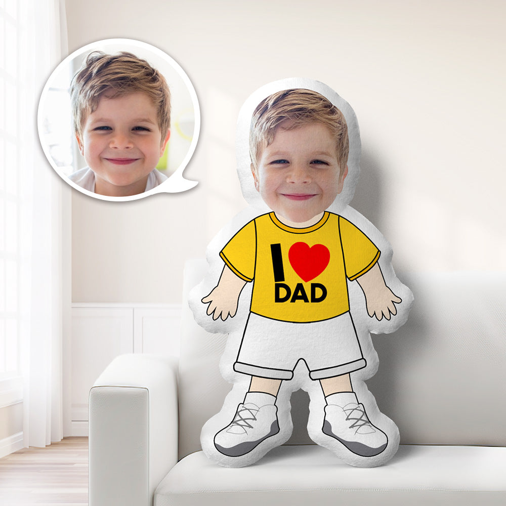 Custom Minime Pillow with child's face, yellow I LOVE DAD shirt, white shorts, and sneakers.