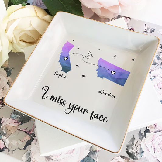 Custom 'I miss your face' jewelry dish with two states, perfect friendship gift
